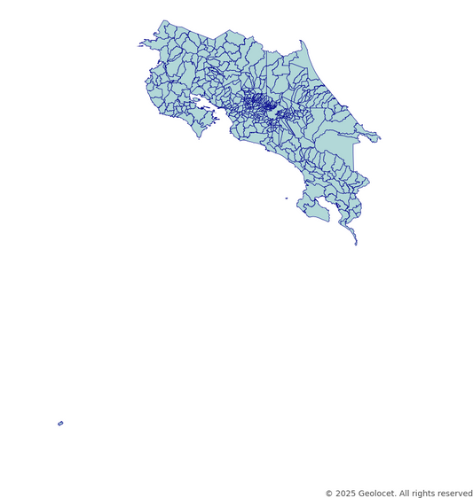 Costa Rica Country, Province, Canton, District-Level Boundary