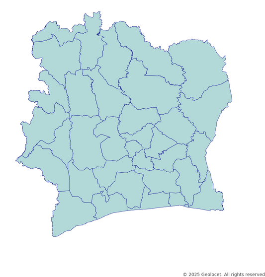 Ivory Coast (Côte d’Ivoire) Country, District, Region-Level Boundary